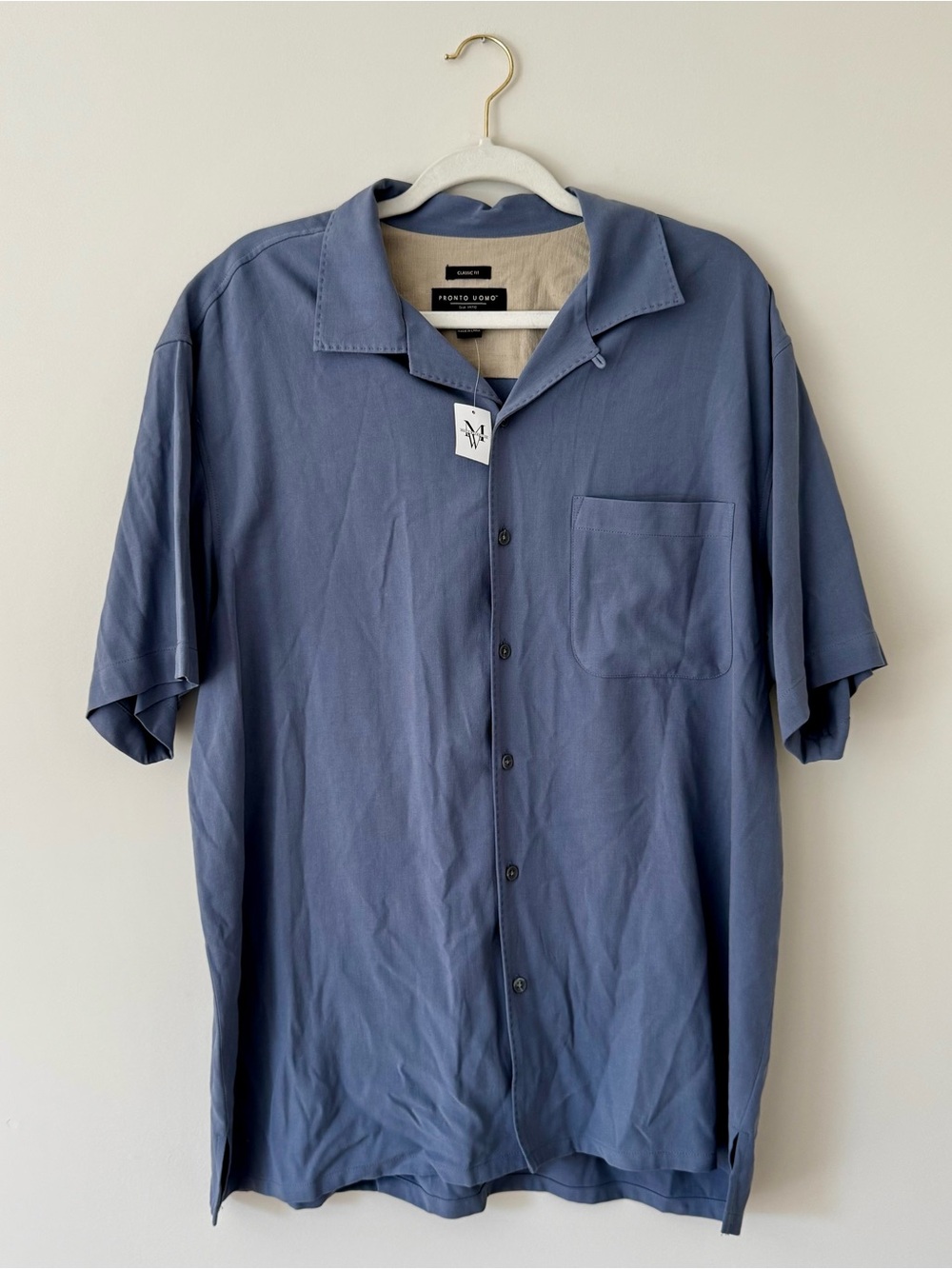 NWT Pronto Uomo 100% Silk Short Sleeve Button Down Shirt, Blue – Large